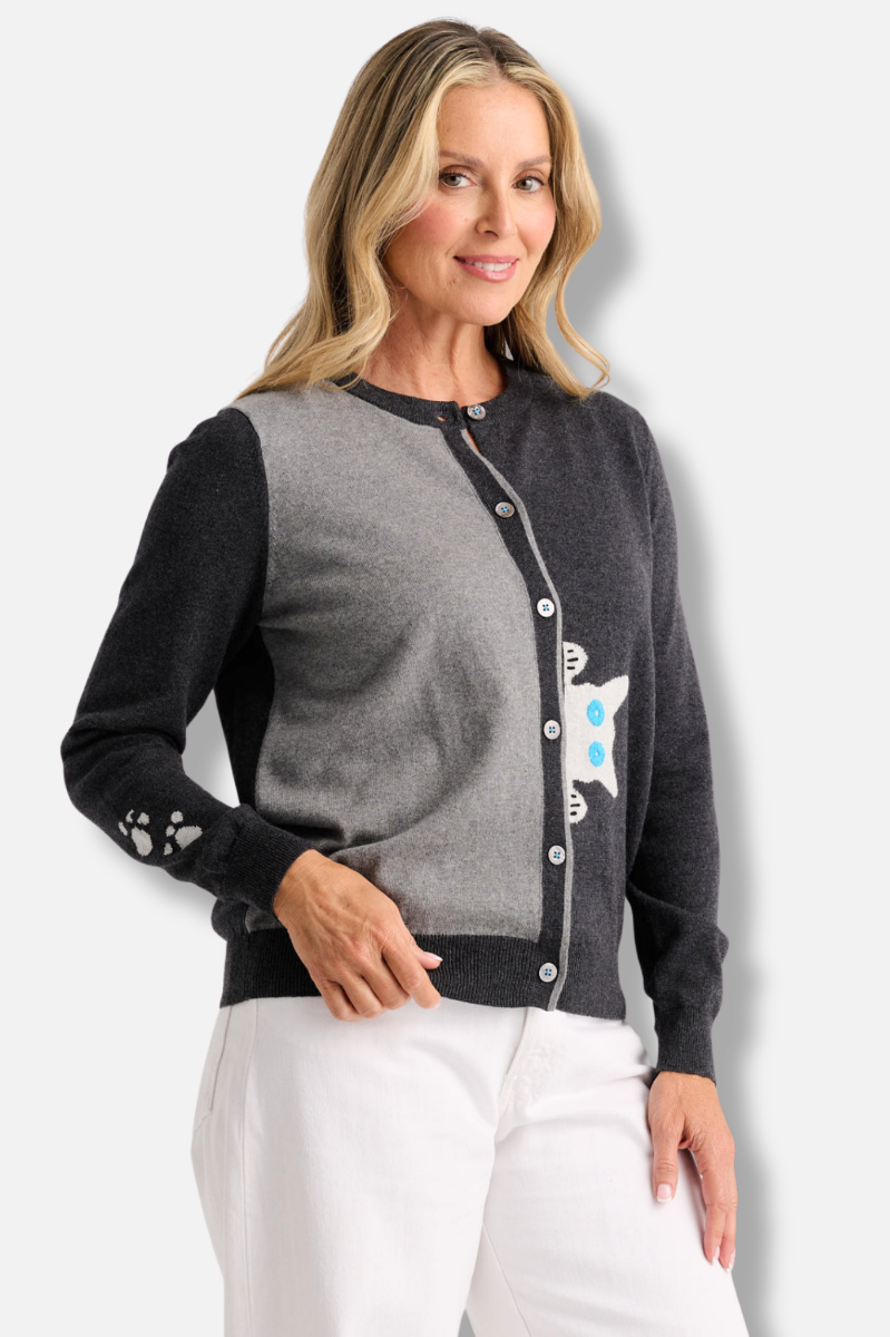 Peek A Boo Cat Cardigan - Charcoal 