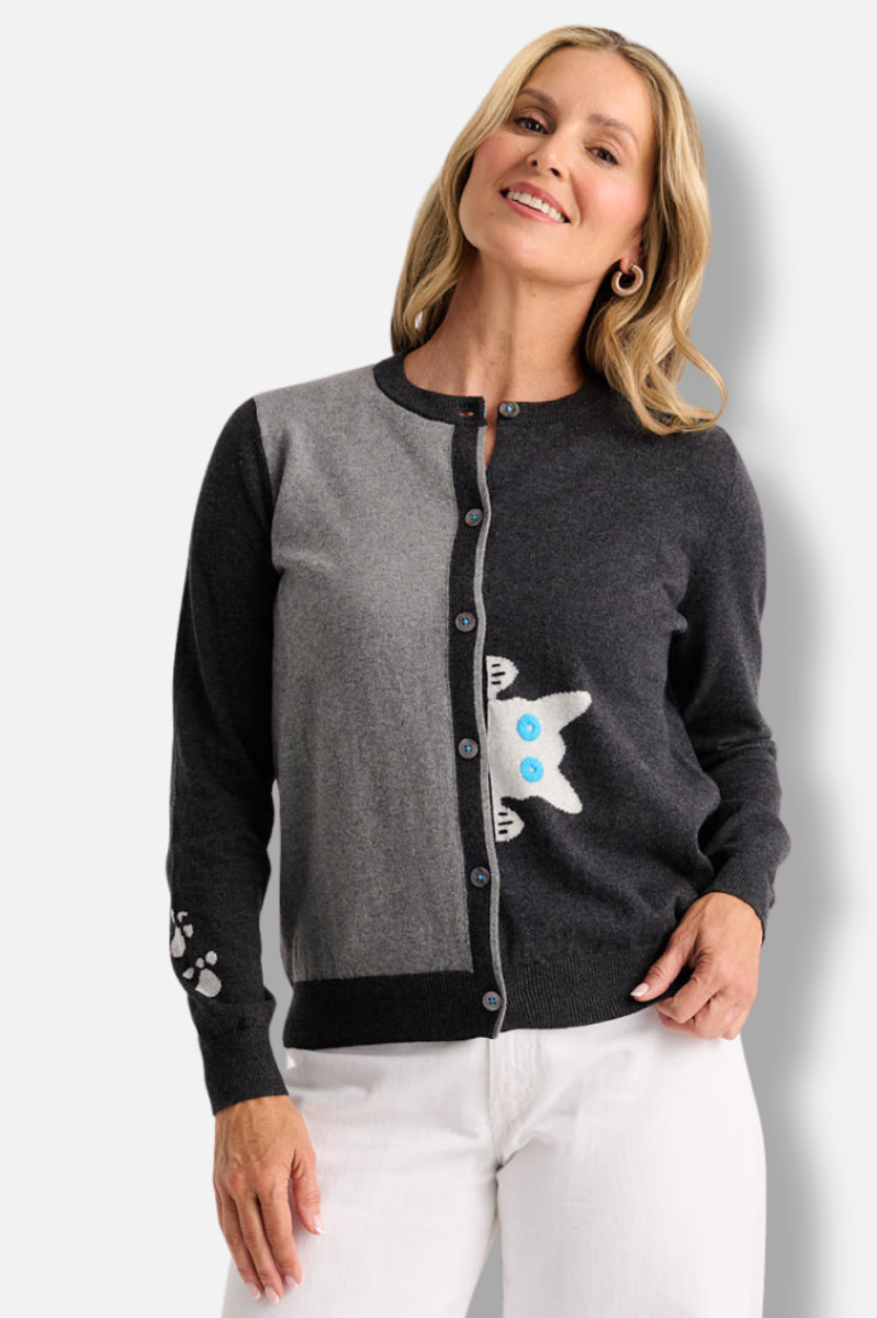 Peek A Boo Cat Cardigan - Charcoal 