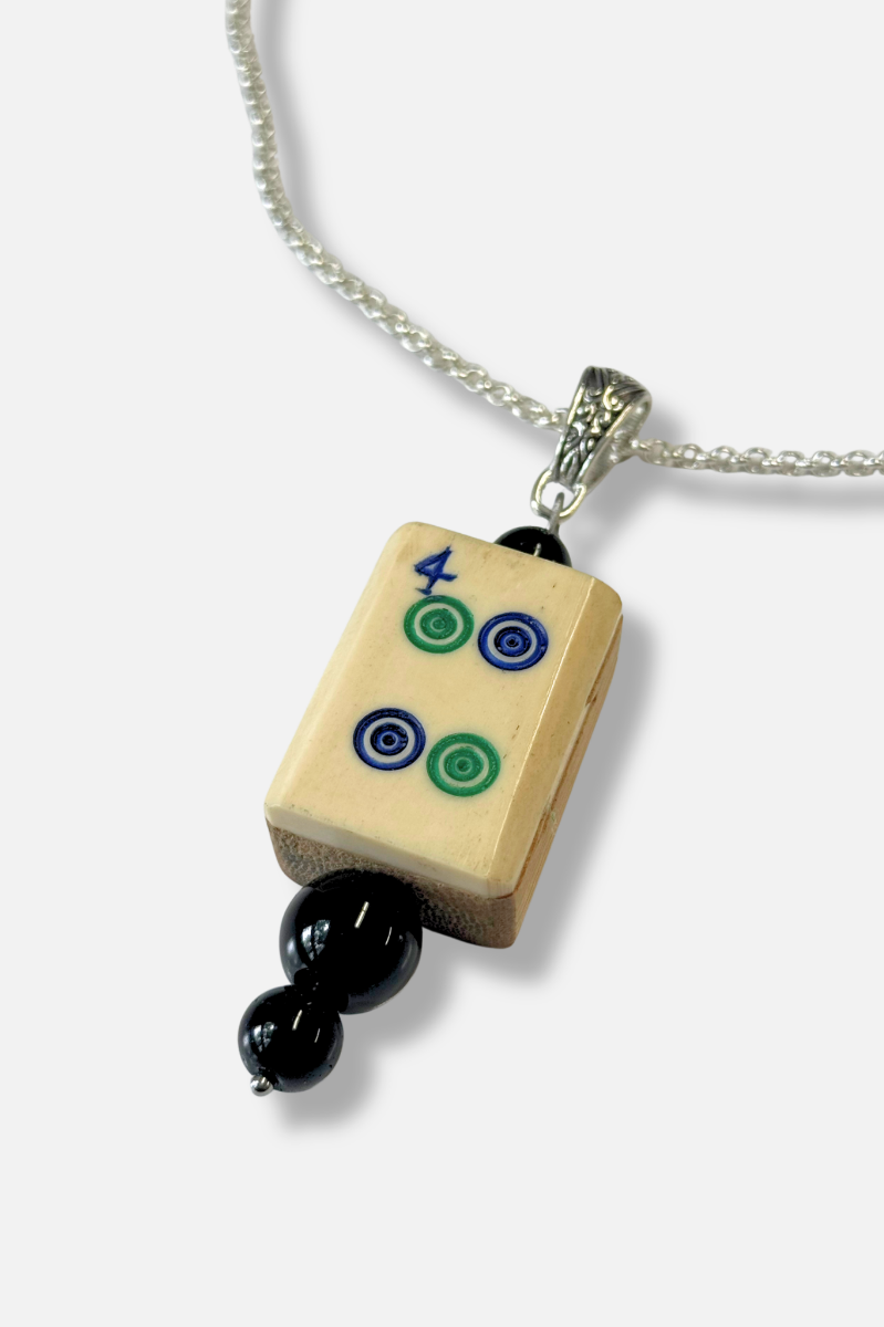 Vintage Bone & Bamboo Mah-Jongg Necklace - Black 