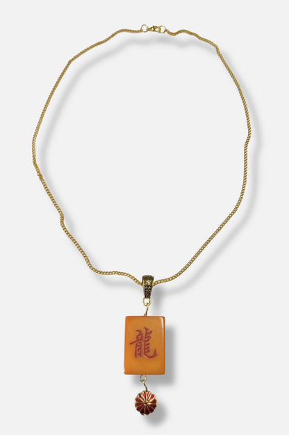 Vintage Bakelite Mah-Jongg Tile Necklace - Red Charm