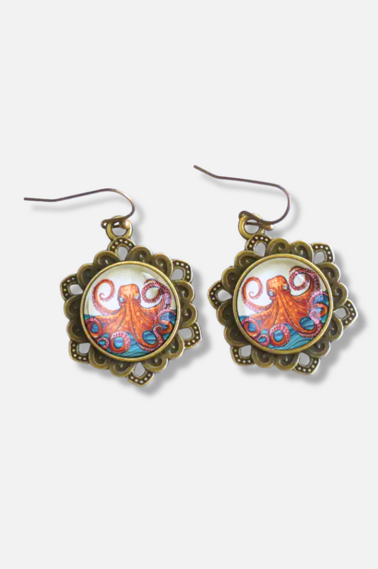 Glass Cabochon Earrings - Octopus