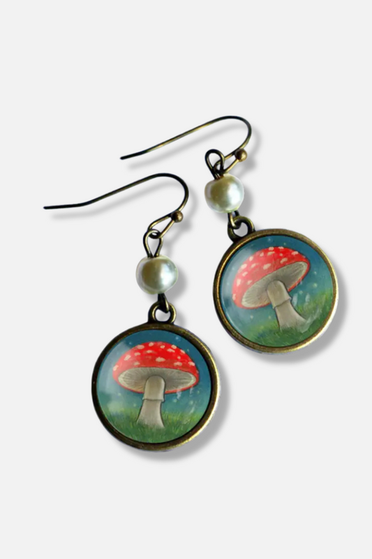 Glass Cabochon Earrings - Amanita Mushroom