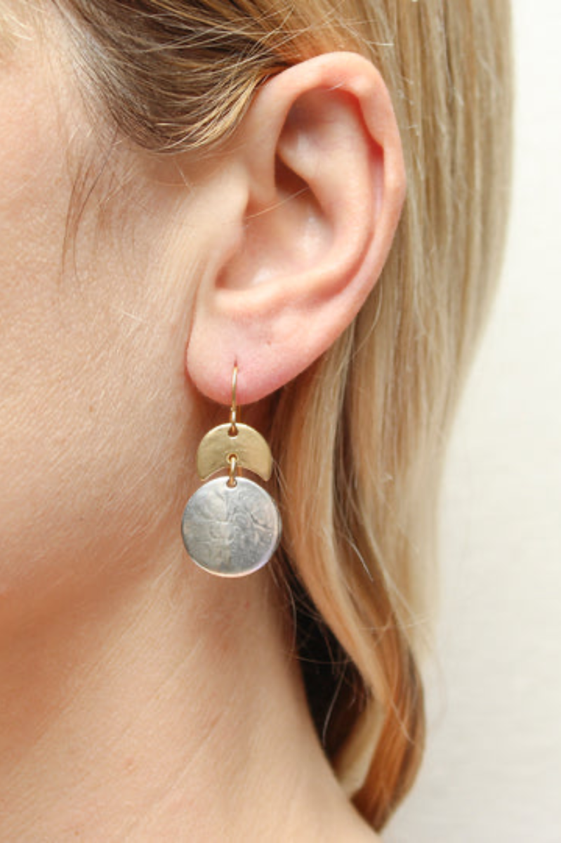 Crescent & Disc Wire Earring - Silver & Brass