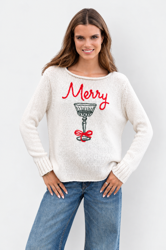 Merry Cocktail Crew Sweater - Moon Red & Kale