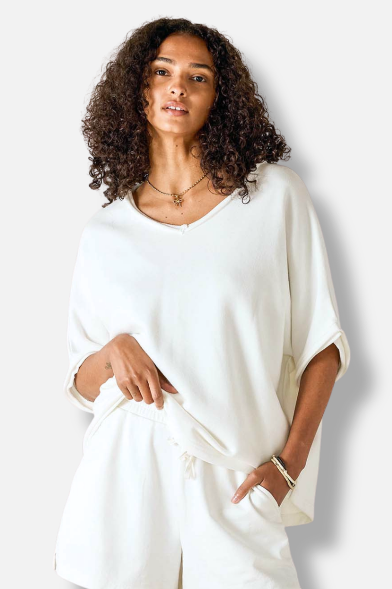 Frenchie V-Neck Sweatshirt - White