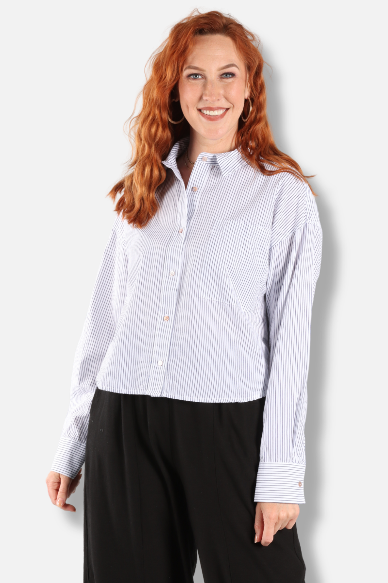Long Sleeve Crop Shirt - Navy & White 