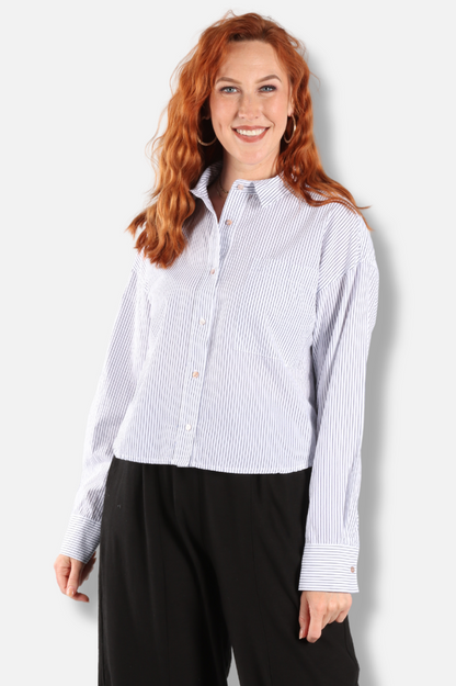 Long Sleeve Crop Shirt - Navy & White 
