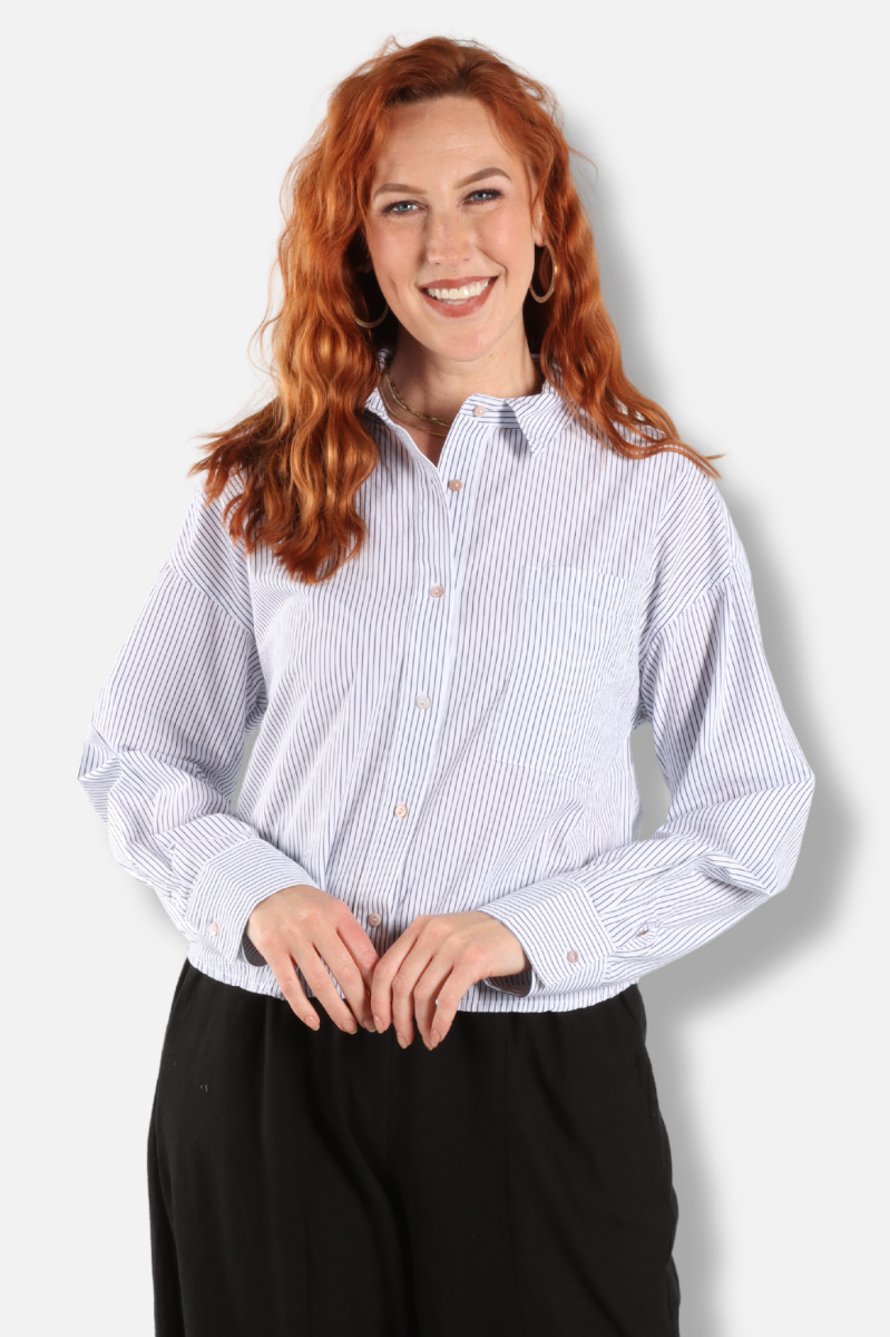Long Sleeve Crop Shirt - Navy & White 