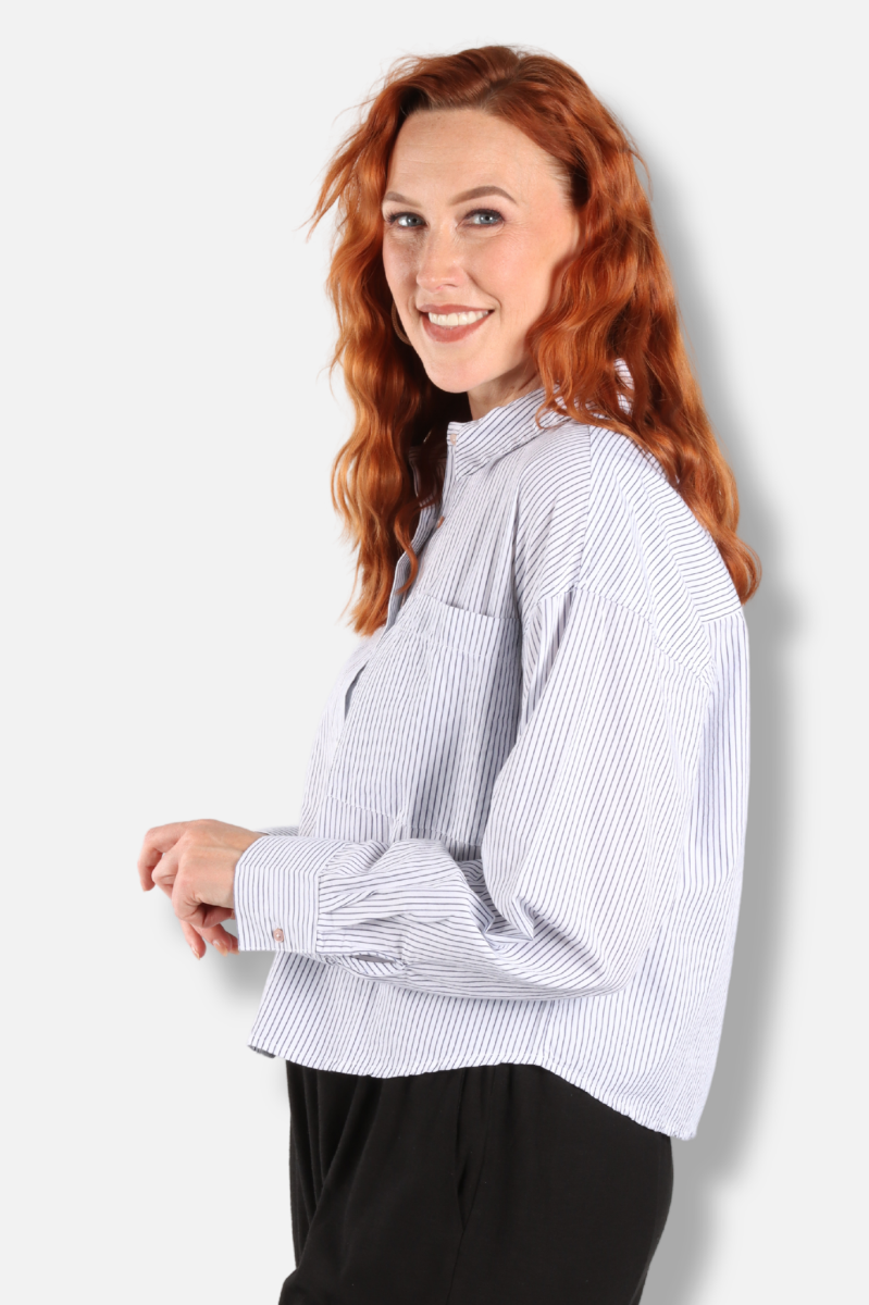 Long Sleeve Crop Shirt - Navy & White 