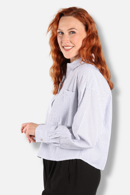 Long Sleeve Crop Shirt - Navy & White 