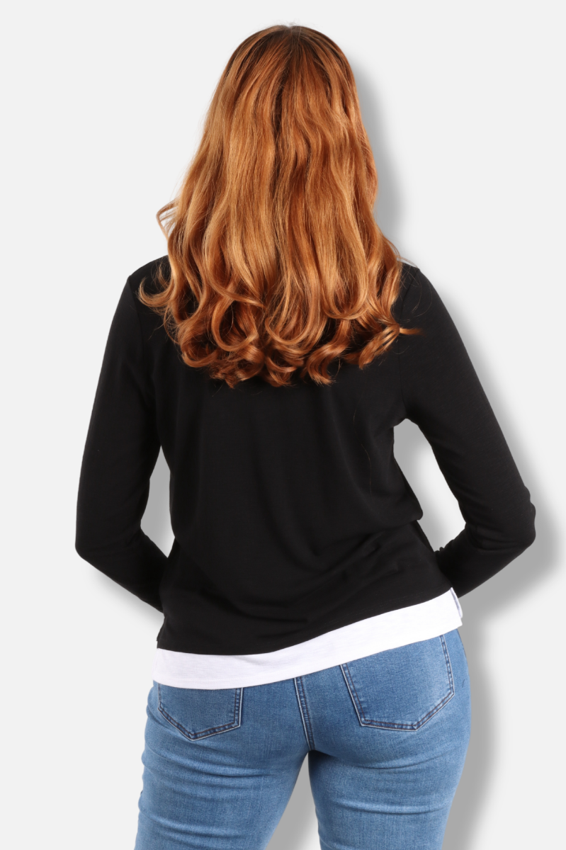 Long Sleeve Contrast Crew - Black