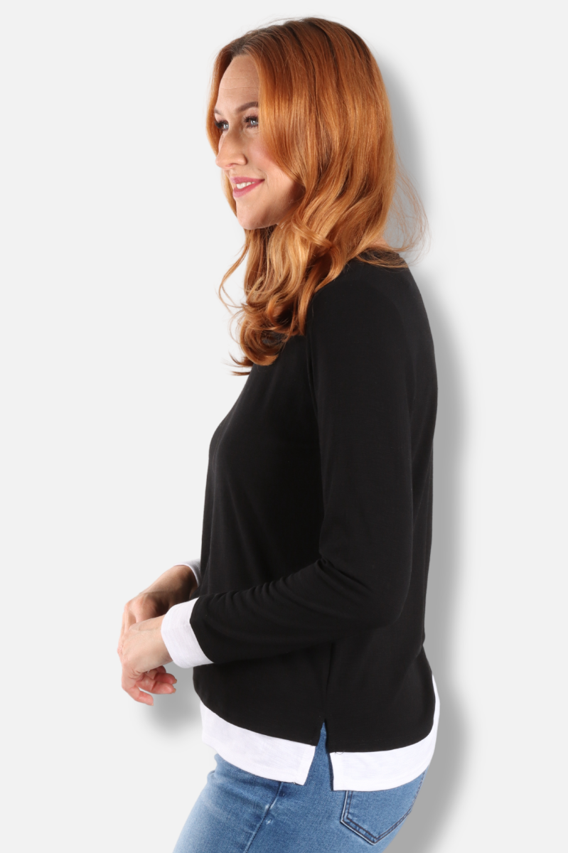 Long Sleeve Contrast Crew - Black