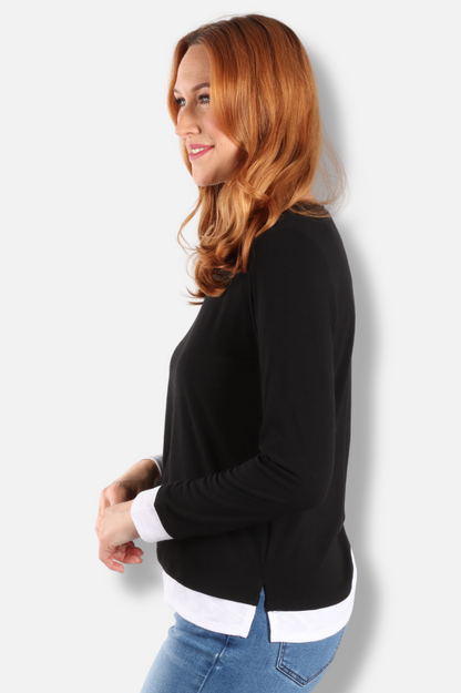 Long Sleeve Contrast Crew - Black