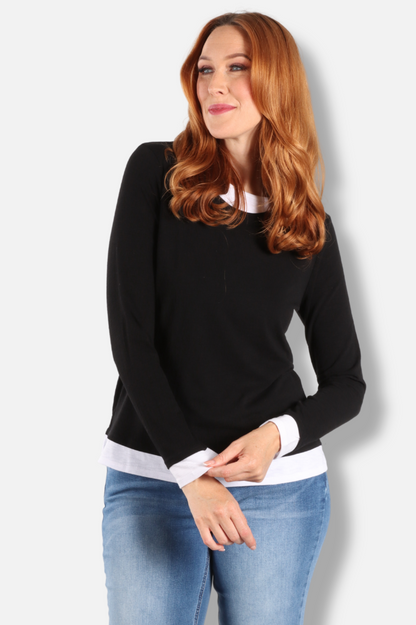 Long Sleeve Contrast Crew - Black