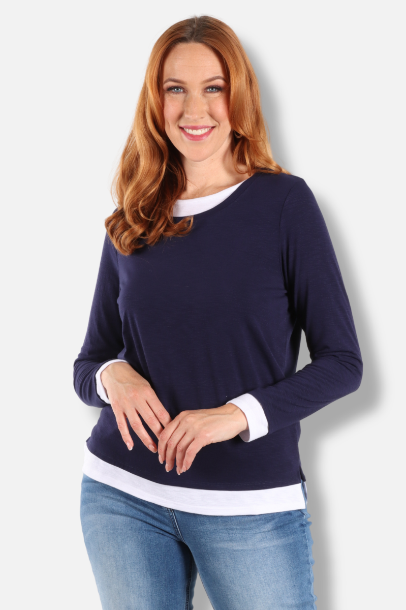 Long Sleeve Contrast Crew - Blue Night 