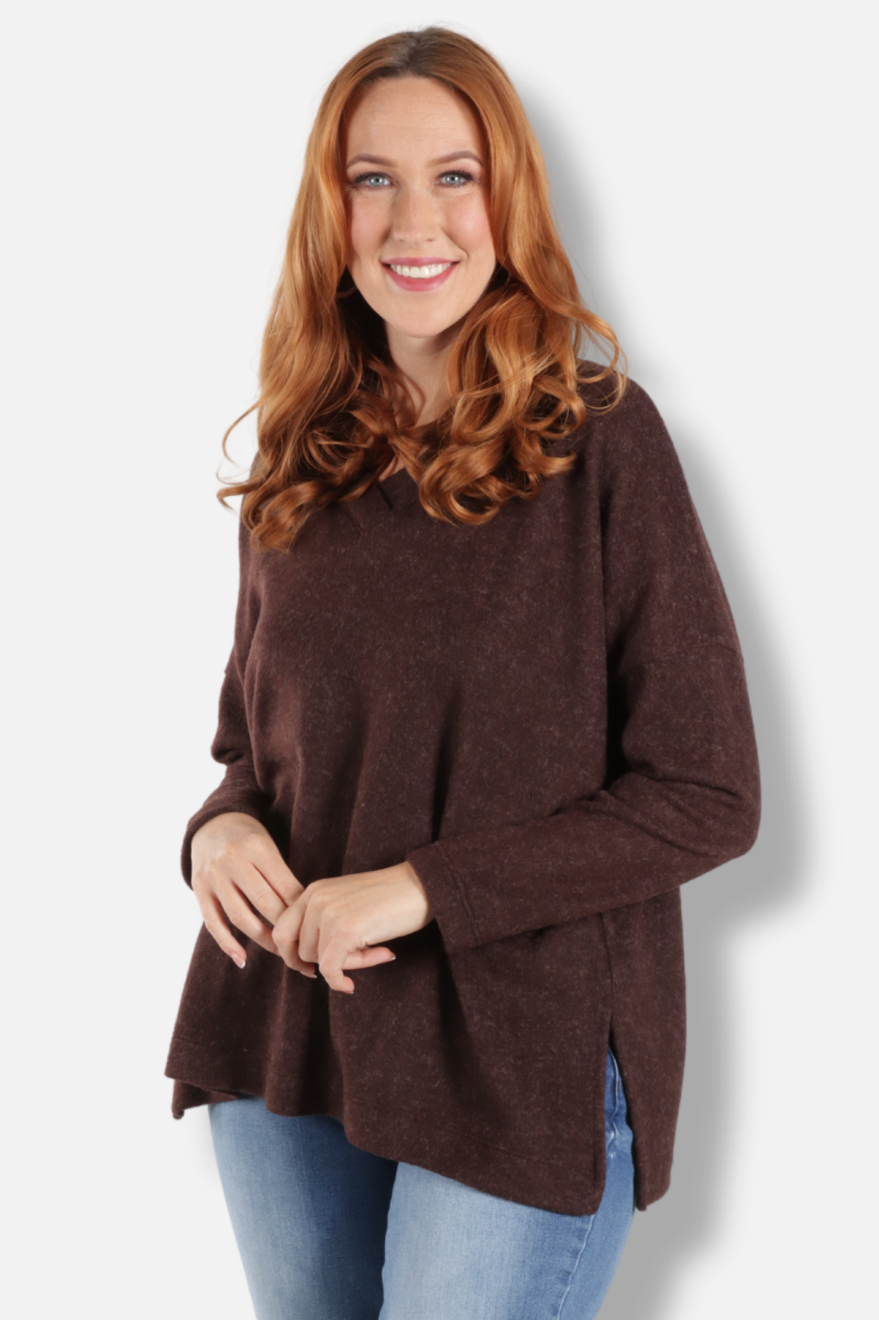 Boxy V-Neck Top - Chocolate