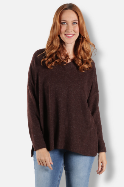 Boxy V-Neck Top - Chocolate