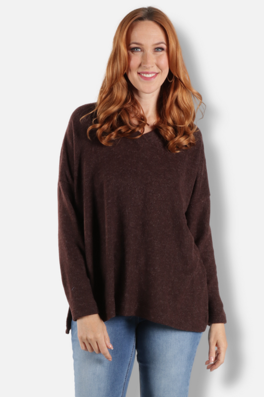 Boxy V-Neck Top - Chocolate