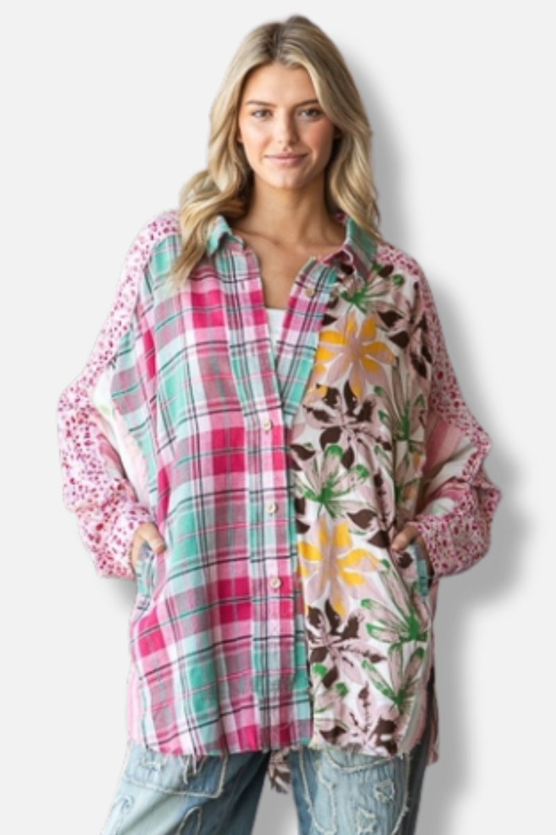 Mixed Print Button Down - Pink Combo