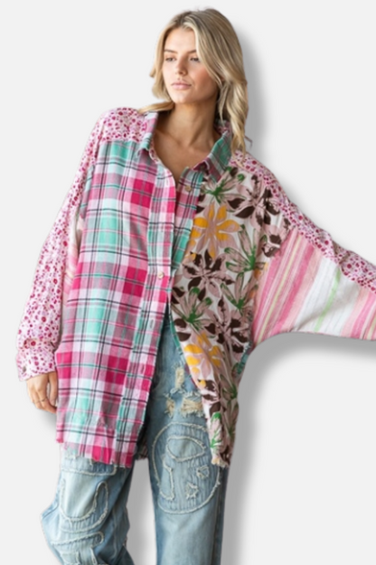 Mixed Print Button Down - Pink Combo