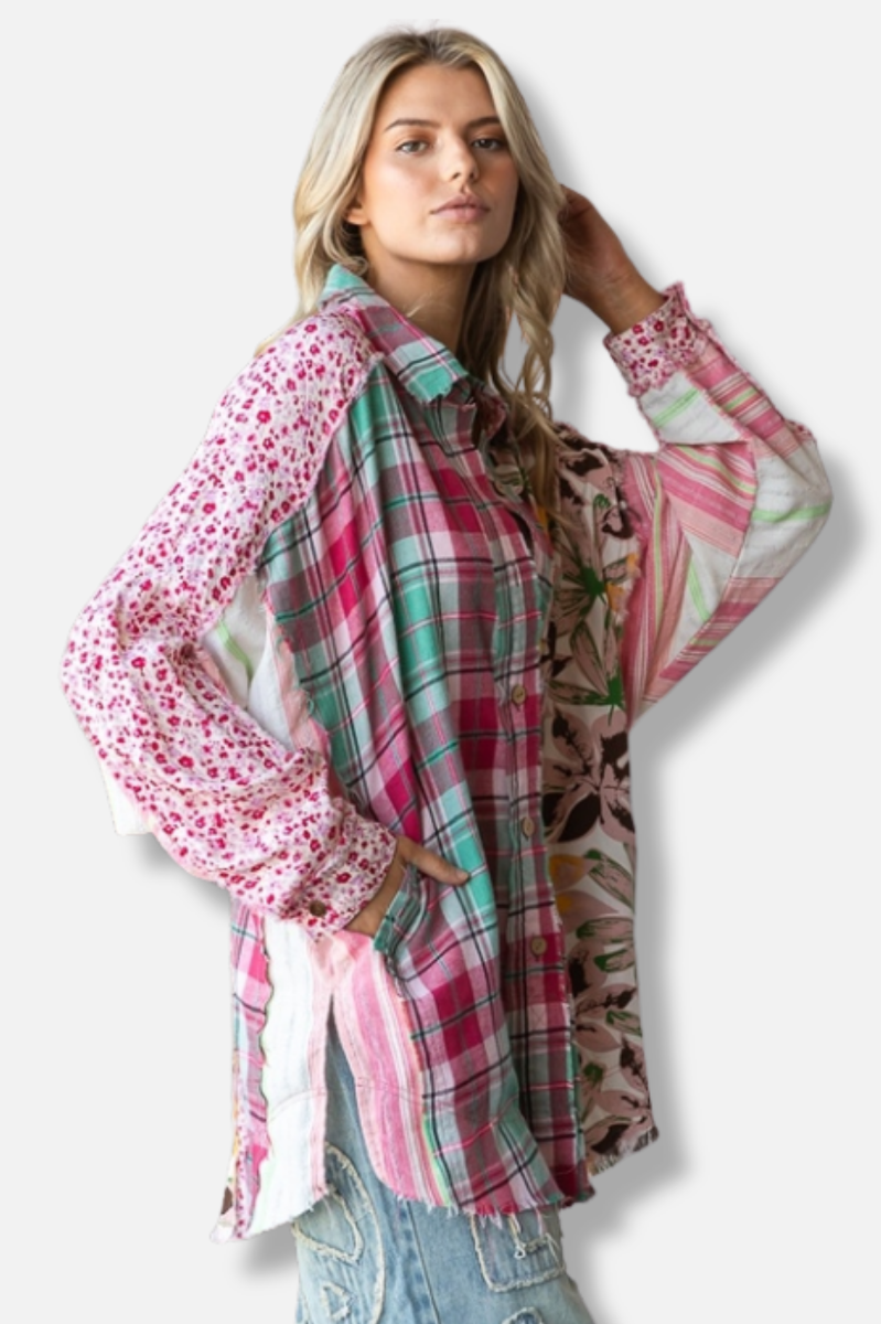 Mixed Print Button Down - Pink Combo
