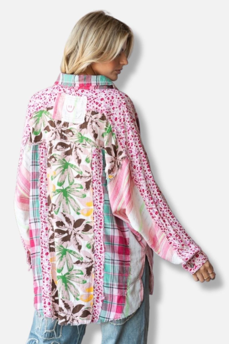 Mixed Print Button Down - Pink Combo