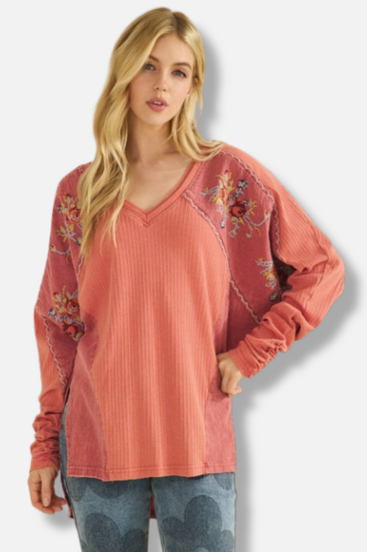 Embroidered V-Neck - Rustic Red