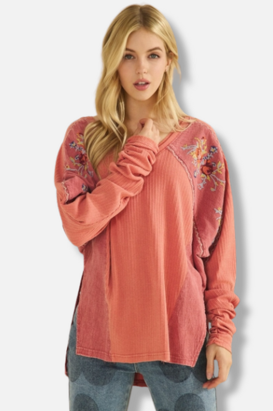 Embroidered V-Neck - Rustic Red