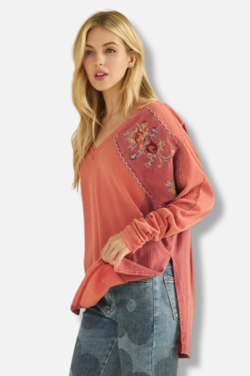 Embroidered V-Neck - Rustic Red
