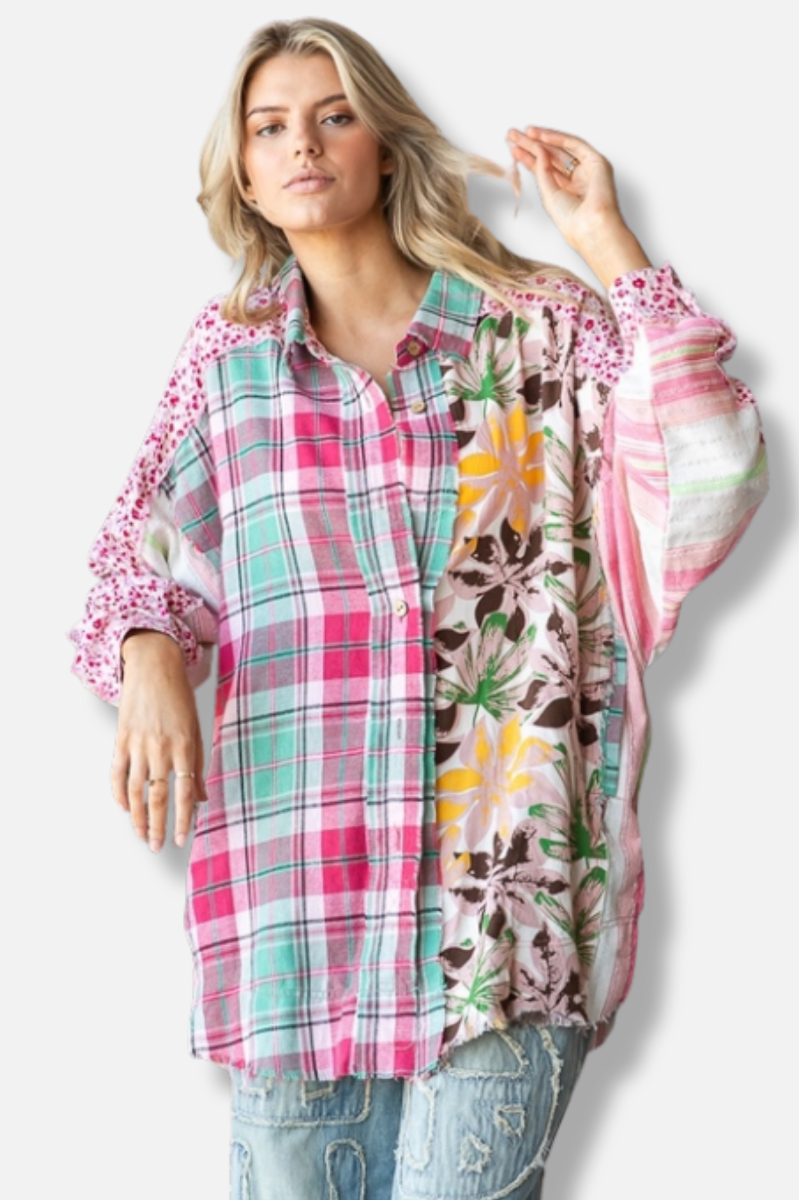 Mixed Print Button Down - Pink Combo