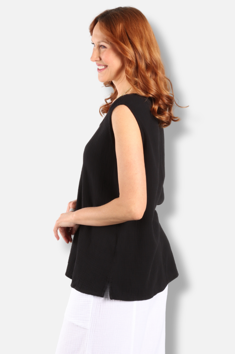 Gauze Scoop Neck Tank Plus - Black