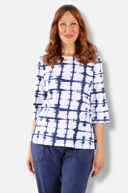 3/4 Sleeve Boatneck - White Waterway Print