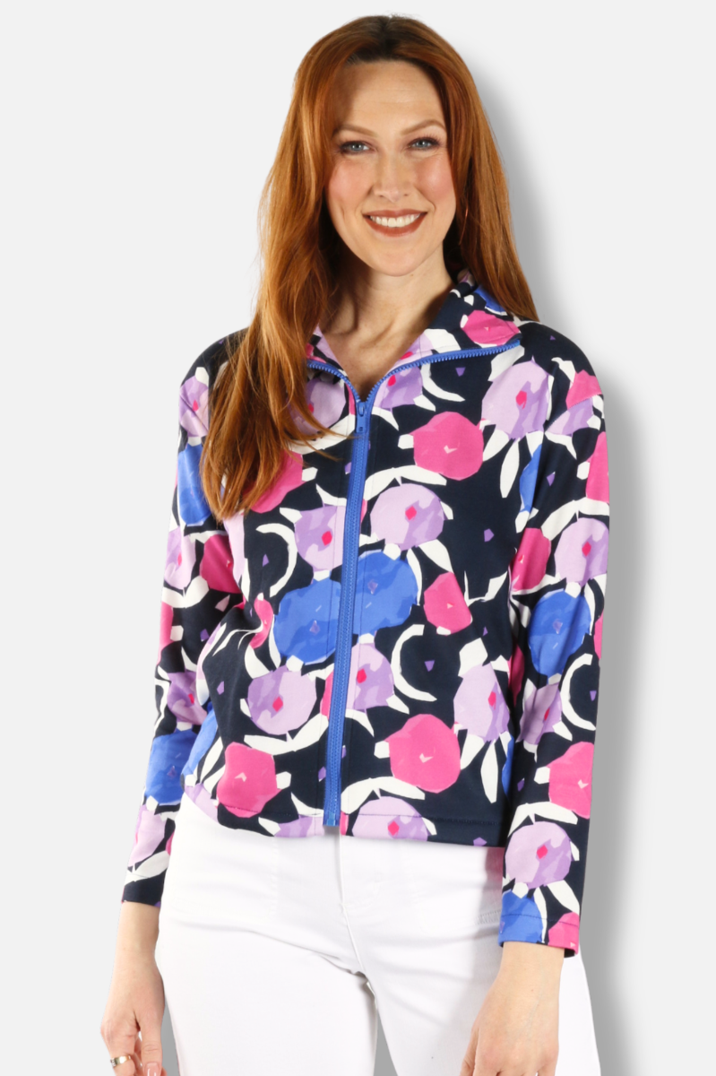 Floral Zip Jacket - Navy & Pink