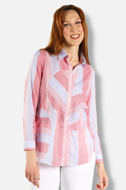 Circle Inset Blouse - Red & Blue