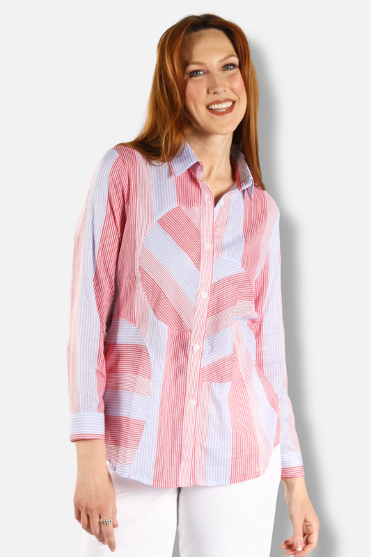 Circle Inset Blouse - Red & Blue