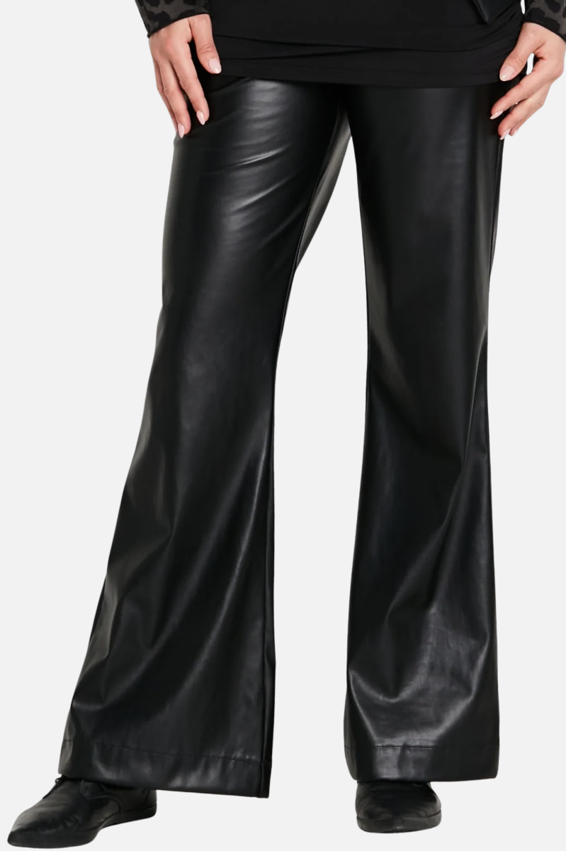 Vegan Leather Bell Bottom Pants - Black