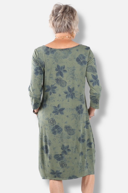 3/4 Sleeve Tulip Dress Plus - Jungle New Indigo Print 