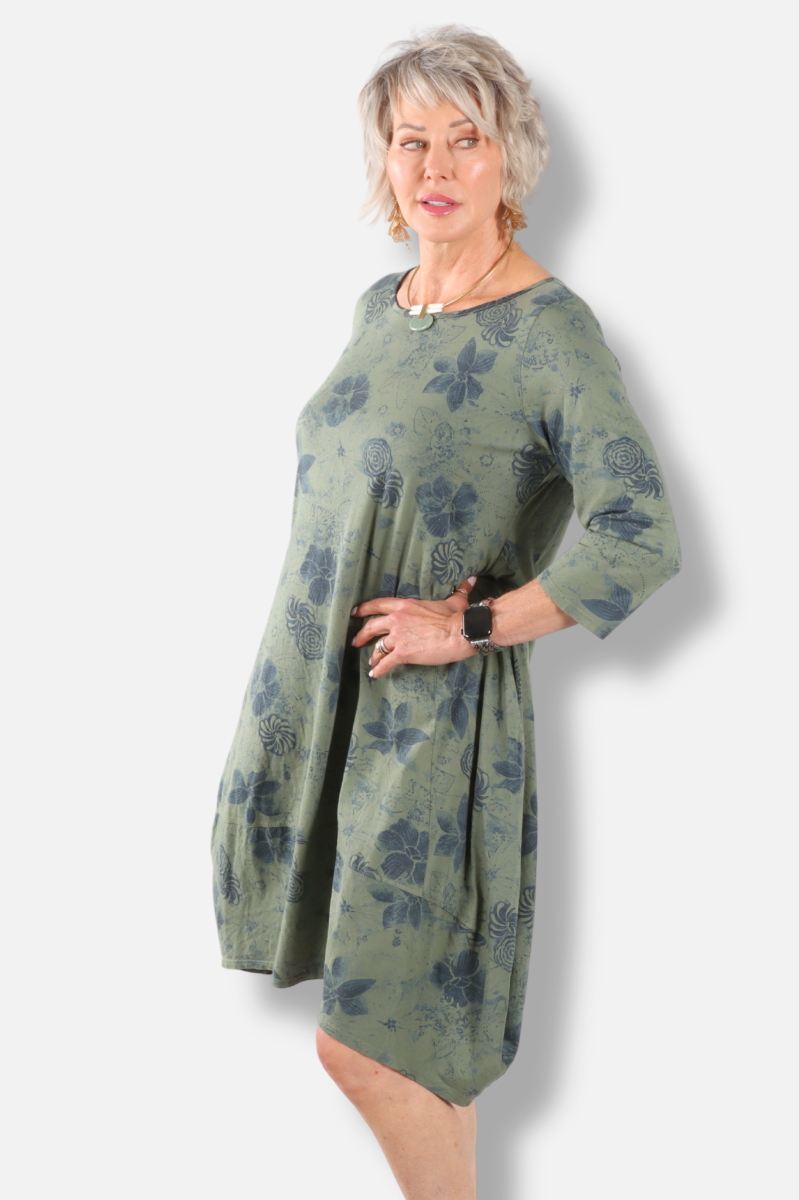 3/4 Sleeve Tulip Dress Plus - Jungle New Indigo Print 