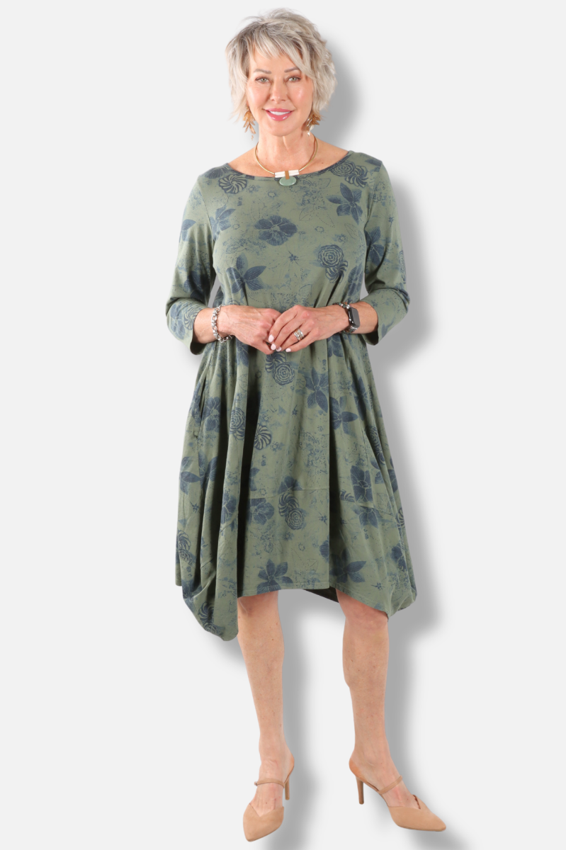 3/4 Sleeve Tulip Dress Plus - Jungle New Indigo Print 