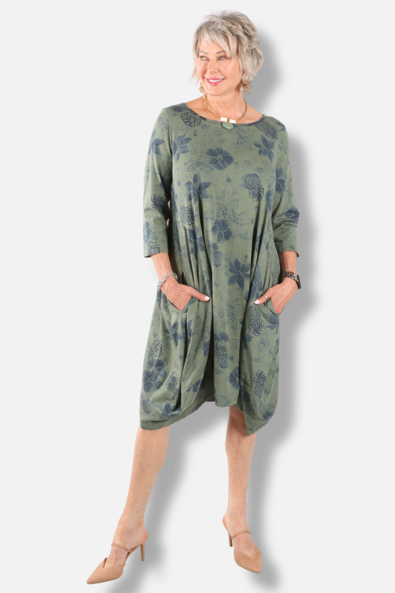 3/4 Sleeve Tulip Dress Plus - Jungle New Indigo Print 