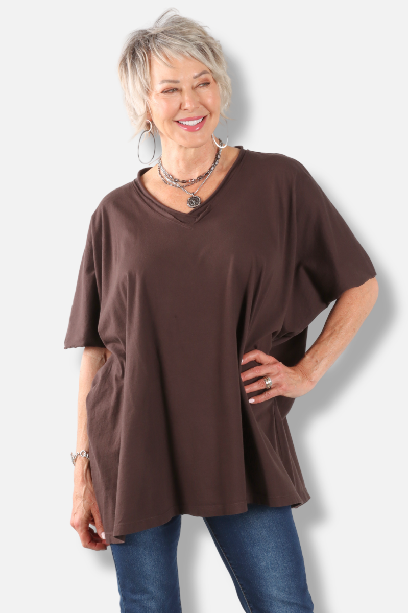 Elbow Sleeve V Tunic - Dark Chocolate