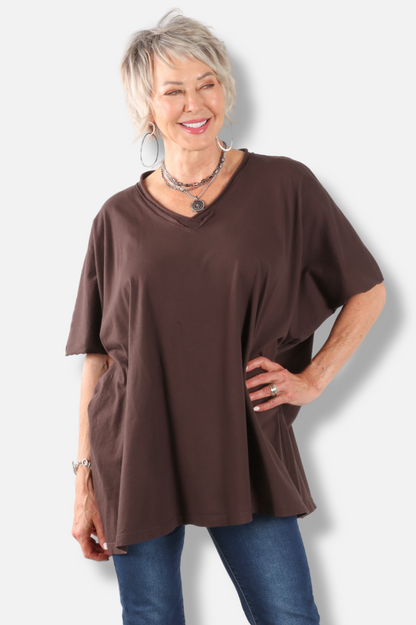 Elbow Sleeve V Tunic - Dark Chocolate