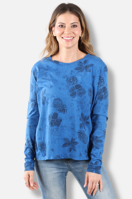 Long Sleeve Crew Plus - Bay New Indigo Print