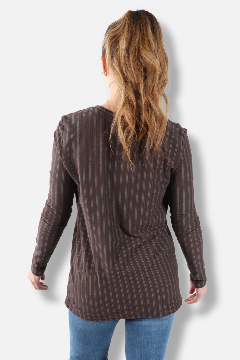Long Sleeve Crew Plus - Dark Chocolate Vertical Stripe Print