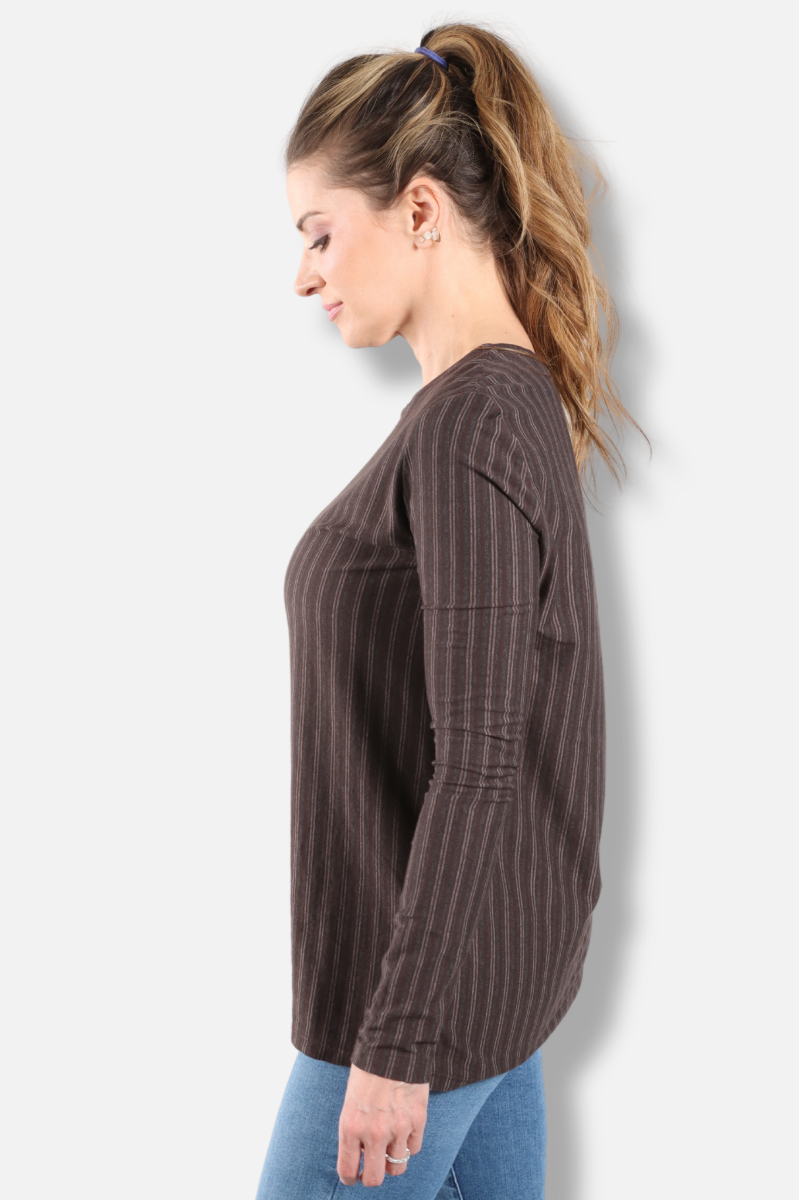 Long Sleeve Crew Plus - Dark Chocolate Vertical Stripe Print