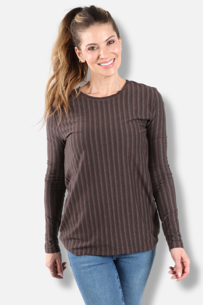 Long Sleeve Crew Plus - Dark Chocolate Vertical Stripe Print