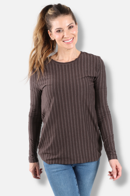 Long Sleeve Crew Plus - Dark Chocolate Vertical Stripe Print