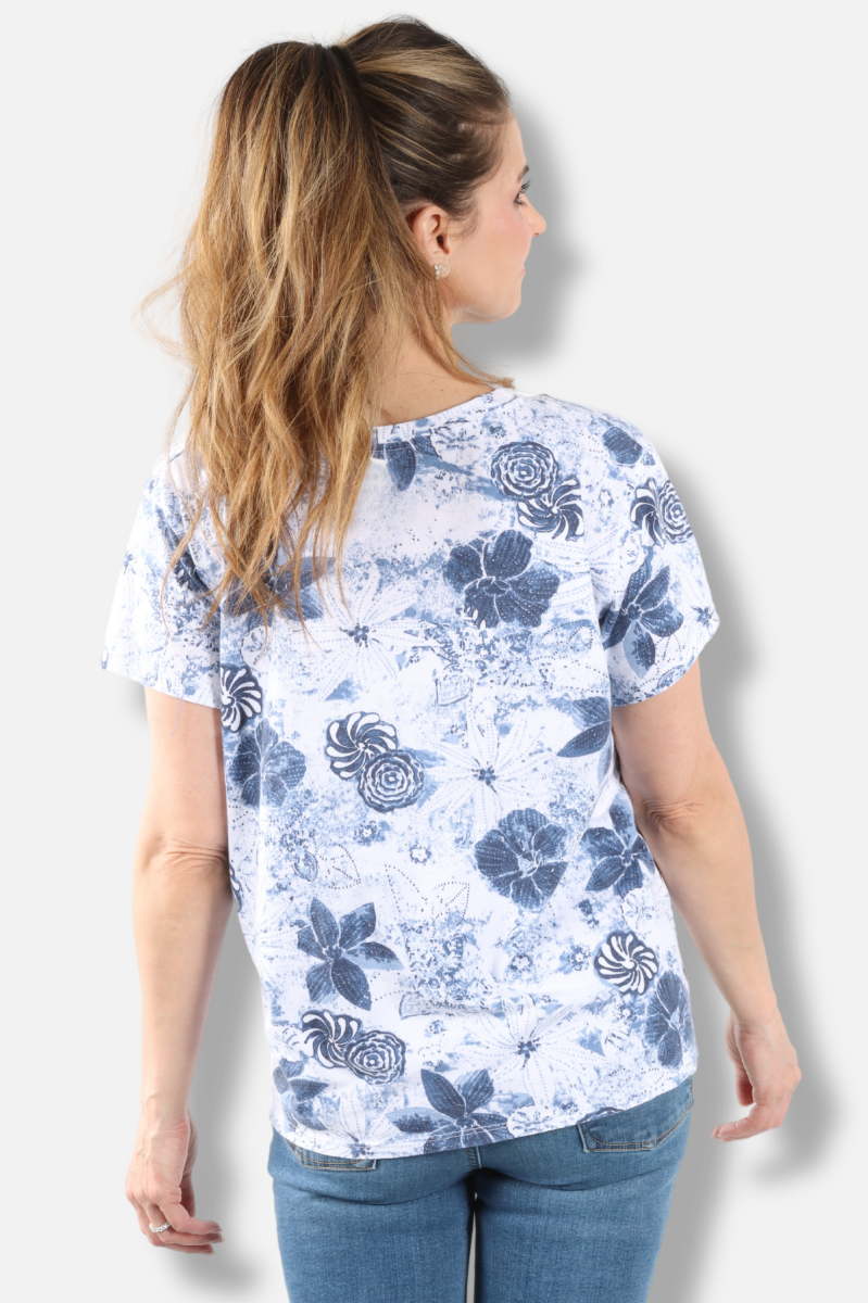 Short Sleeve Crew Plus - White New Indigo Print