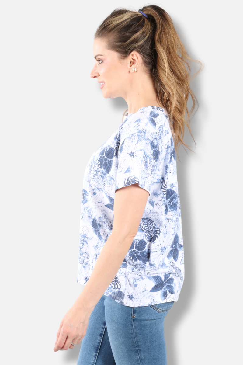 Short Sleeve Crew - White New Indigo Print