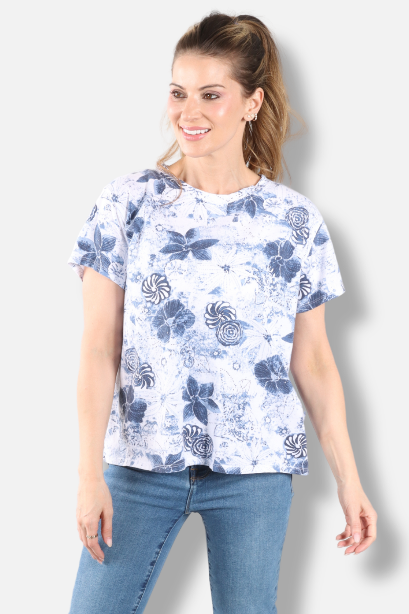 Short Sleeve Crew - White New Indigo Print
